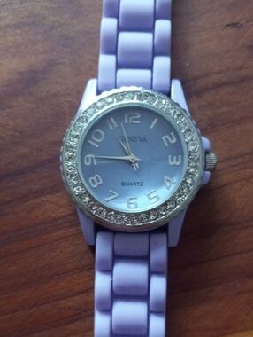 Geneva Lavender Silicone Band Watch with Crystal Silver Bezel